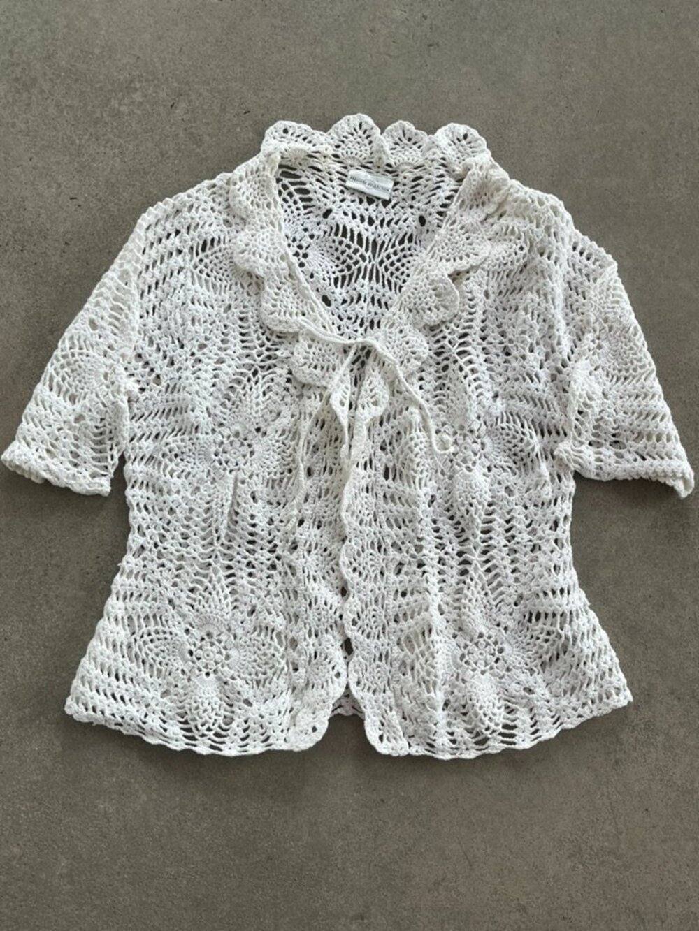 100% Cotton Crochet Cardigan XL Cream Knit Tie Front Boho Sweater - Picture 4 of 5